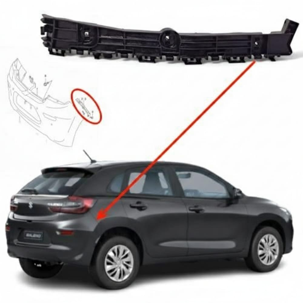 Original right rear bumper bracket for Suzuki Baleno 2020–2025.